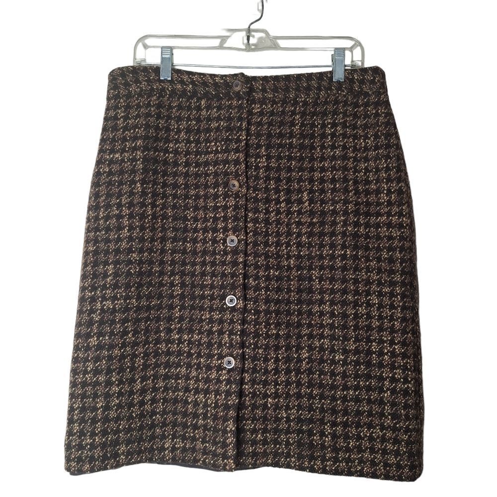 Charter Club Wool Blend Button Front Brown Houndstooth‎ Fully Lined Skirt